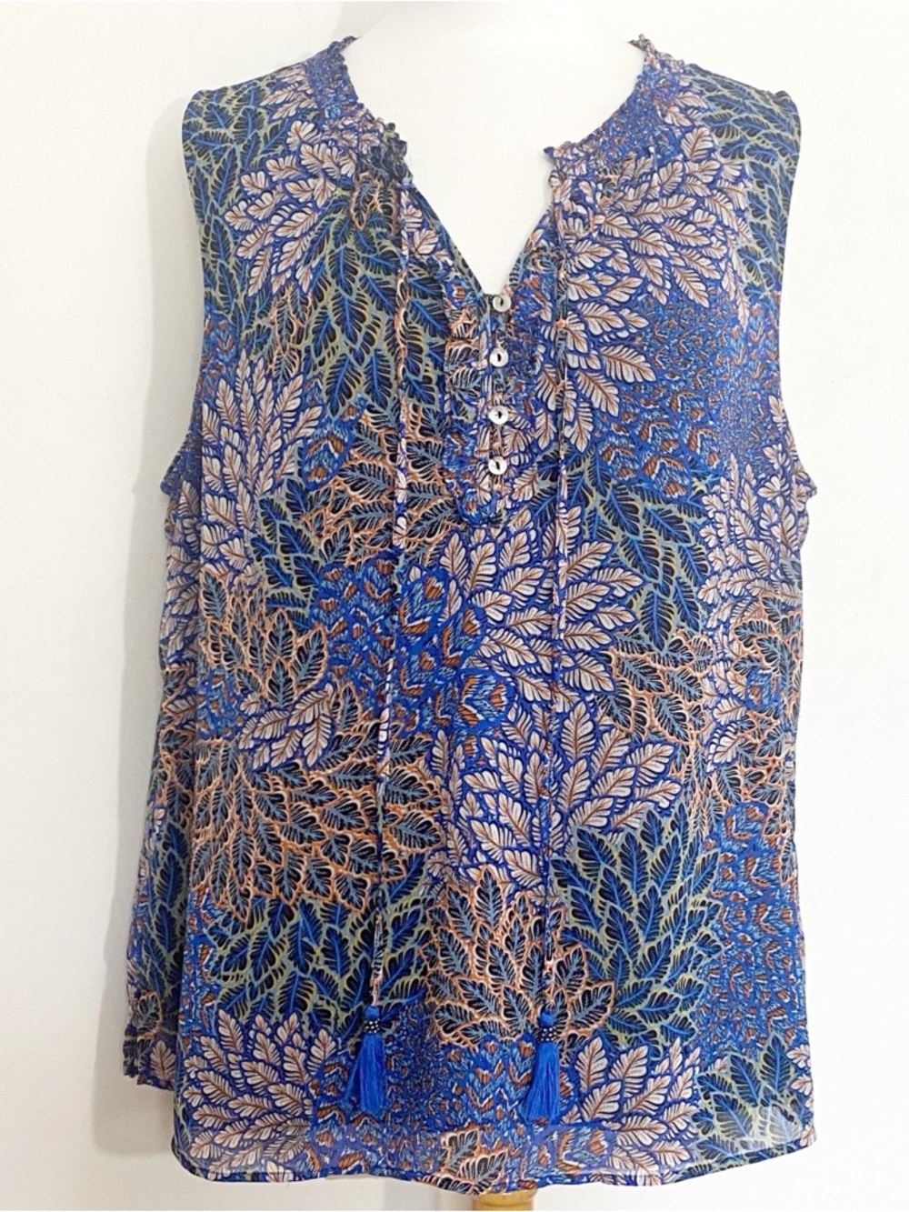 Daniel Rainn Blue Botanical Print Sheer Lined Sleeveless Top XXL